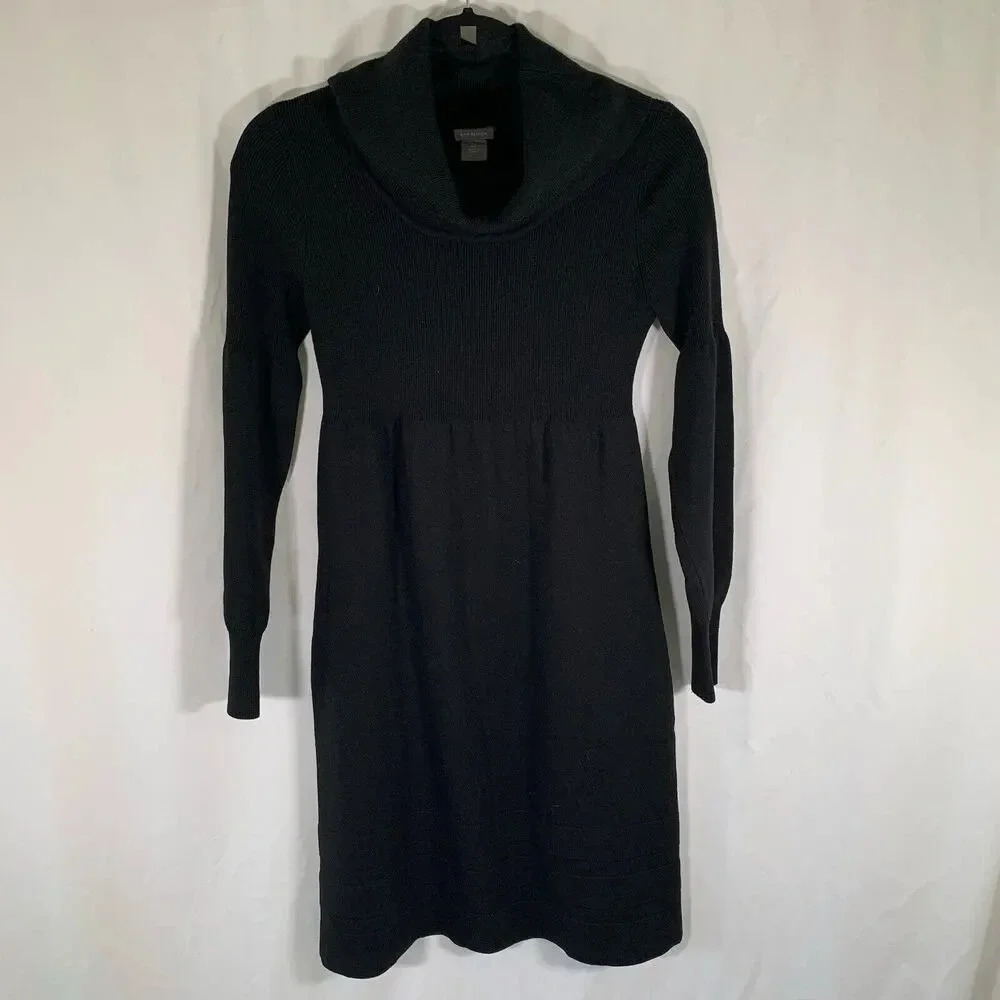 Ann Taylor Knee Length Sweater Dress Women XS Black Ribbed Cowl Neck Long Sleeve